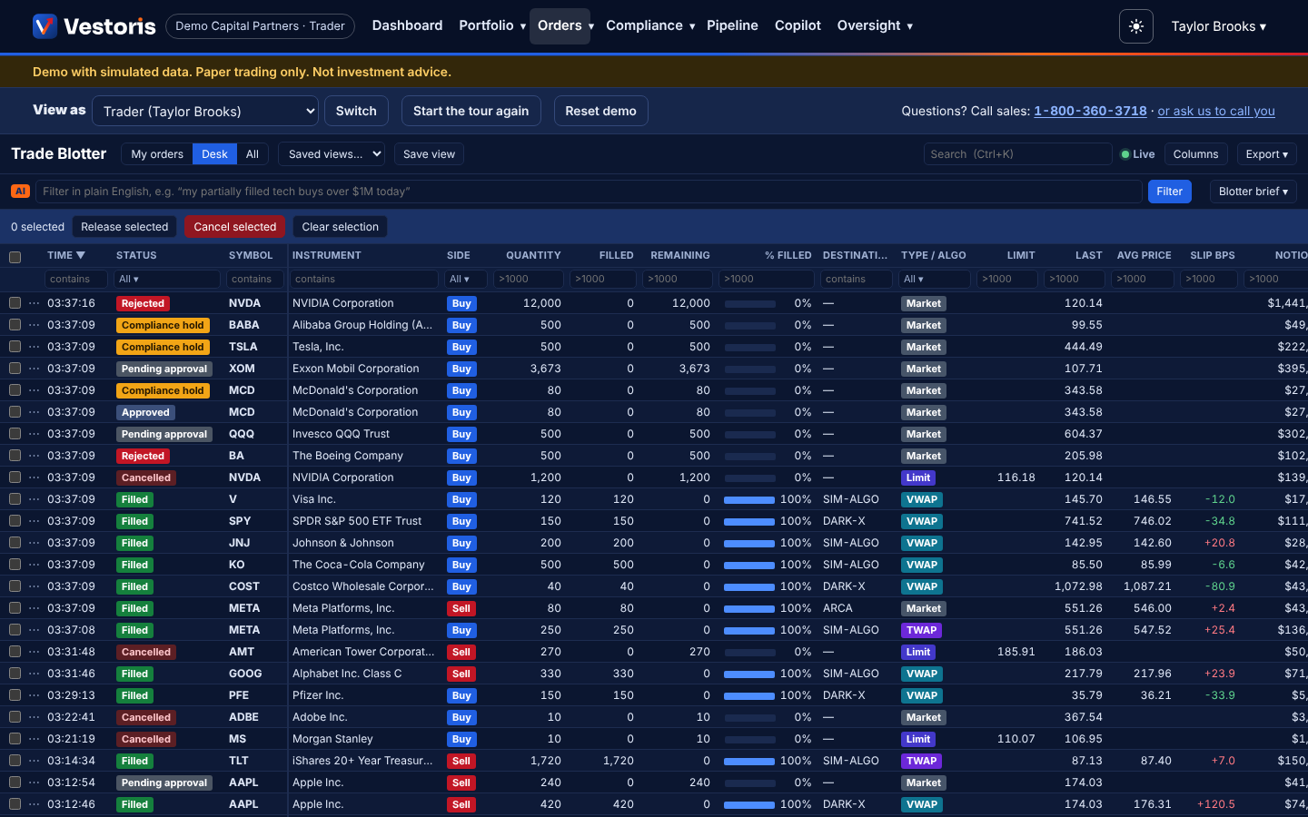 The Vestoris trade blotter: a dense live grid of orders with status chips, fill progress and slippage