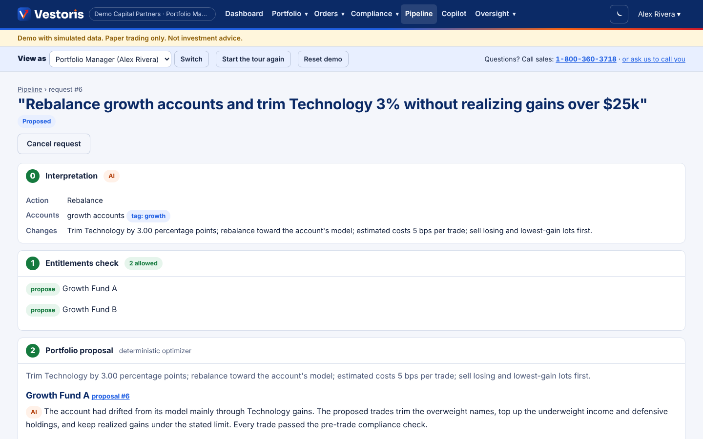 The Vestoris intent pipeline: a plain-English request checked stage by stage